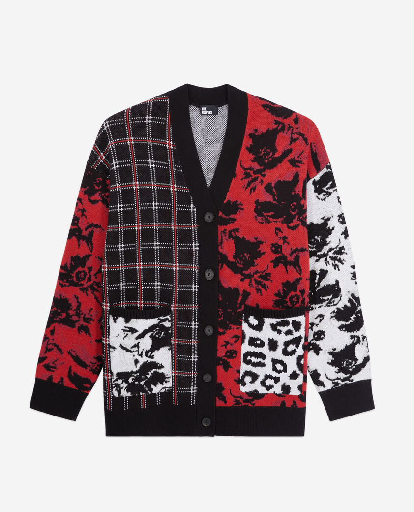 The Kooples FEMME BLACK / BURGUNDY /WHITE cardigan avec patchwork en laine mélangée