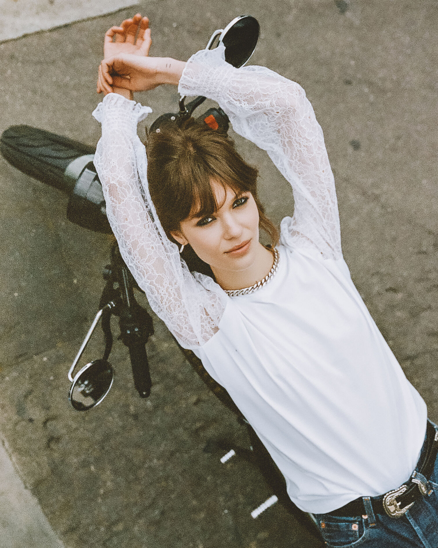 White lace t-shirt with long sleeves, WHITE, hi-res image number null
