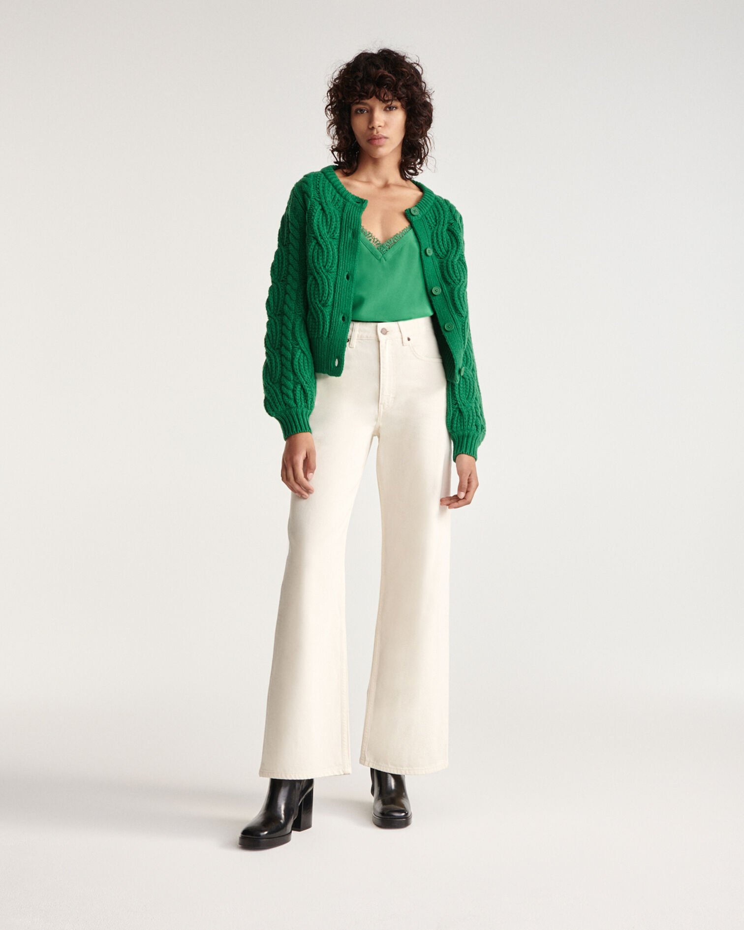 Cable knit green wool cardigan, GREEN, hi-res image number null