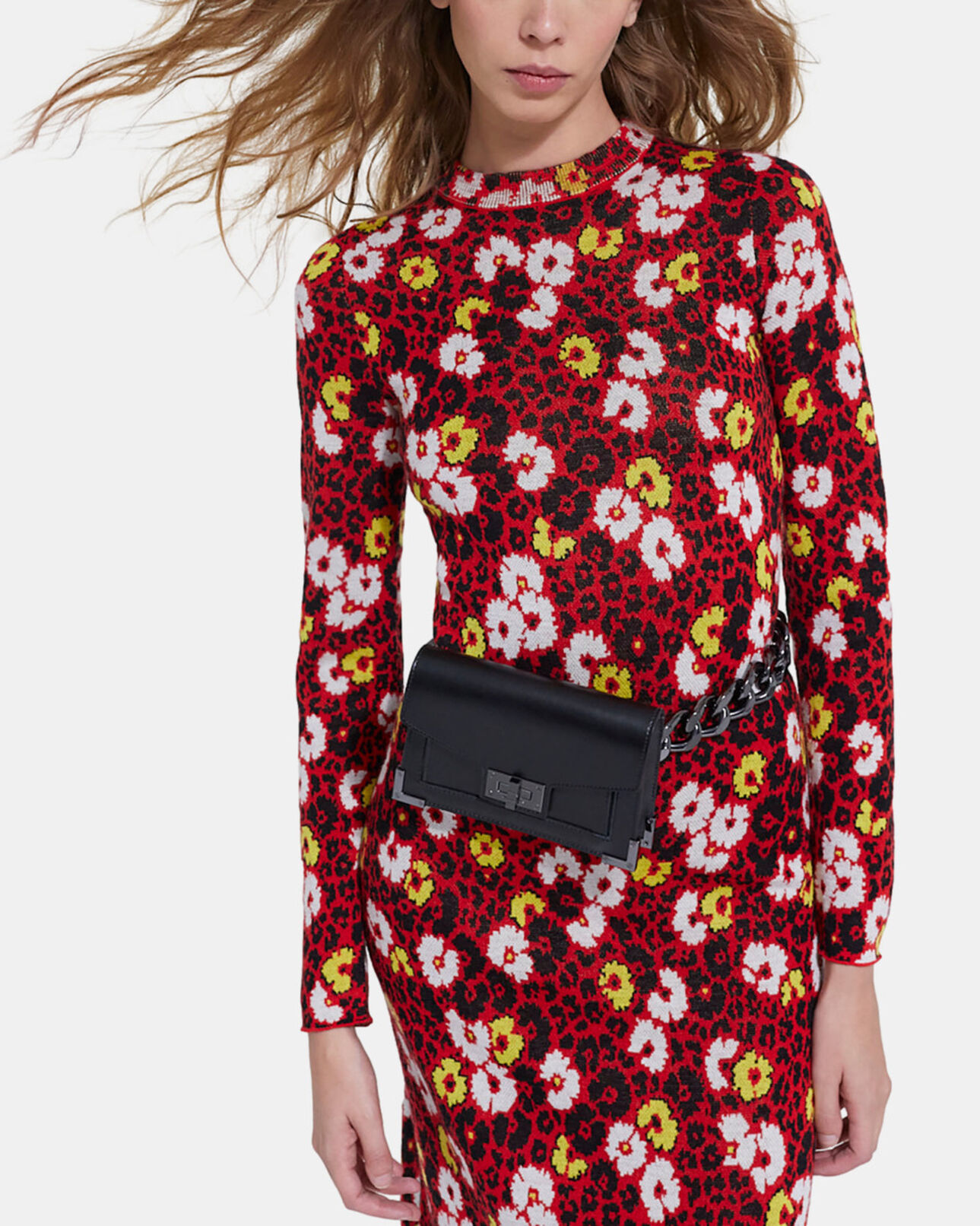 The Kooples WOMEN DARK RED long wool dress with floral print