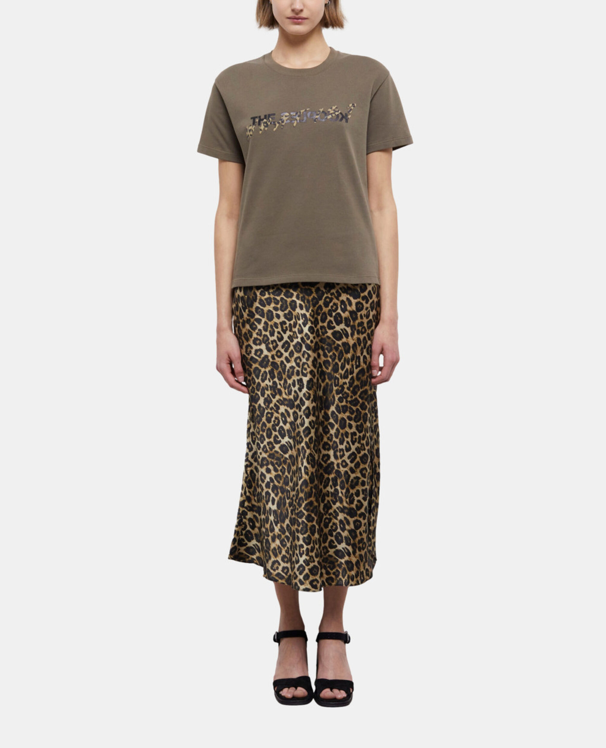 Khakifarbenes T-Shirt Damen mit Leopardenmuster und "What is"-Schriftzug, ALGUE, hi-res image number null
