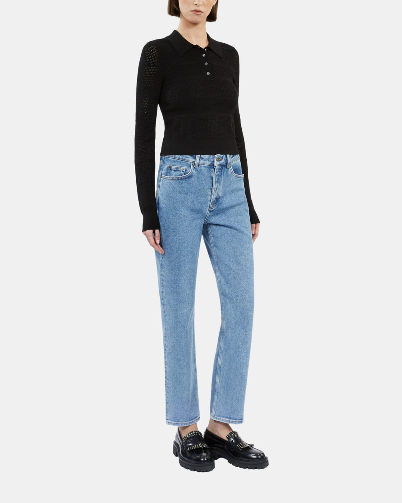 The Kooples FEMME BLACK polo en maille ajourée noir