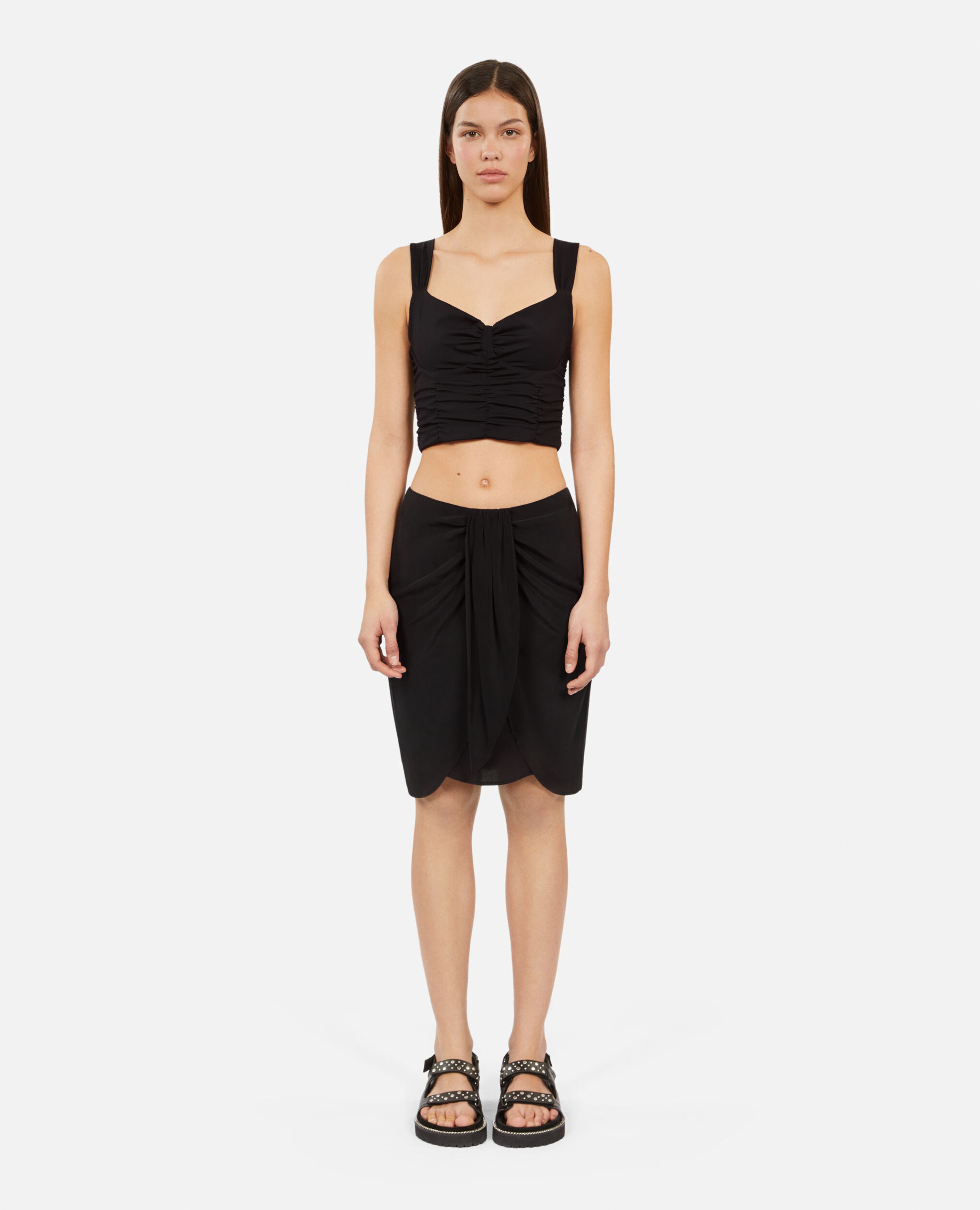 Short black draped washed silk skirt, BLACK, hi-res image number null