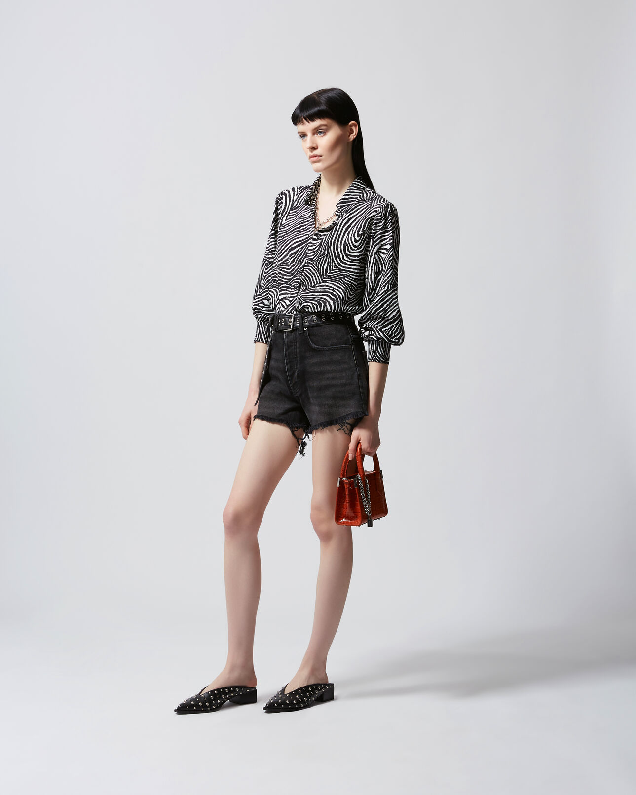 The Kooples FEMME BLACK short noir jean déchiré ceinture western