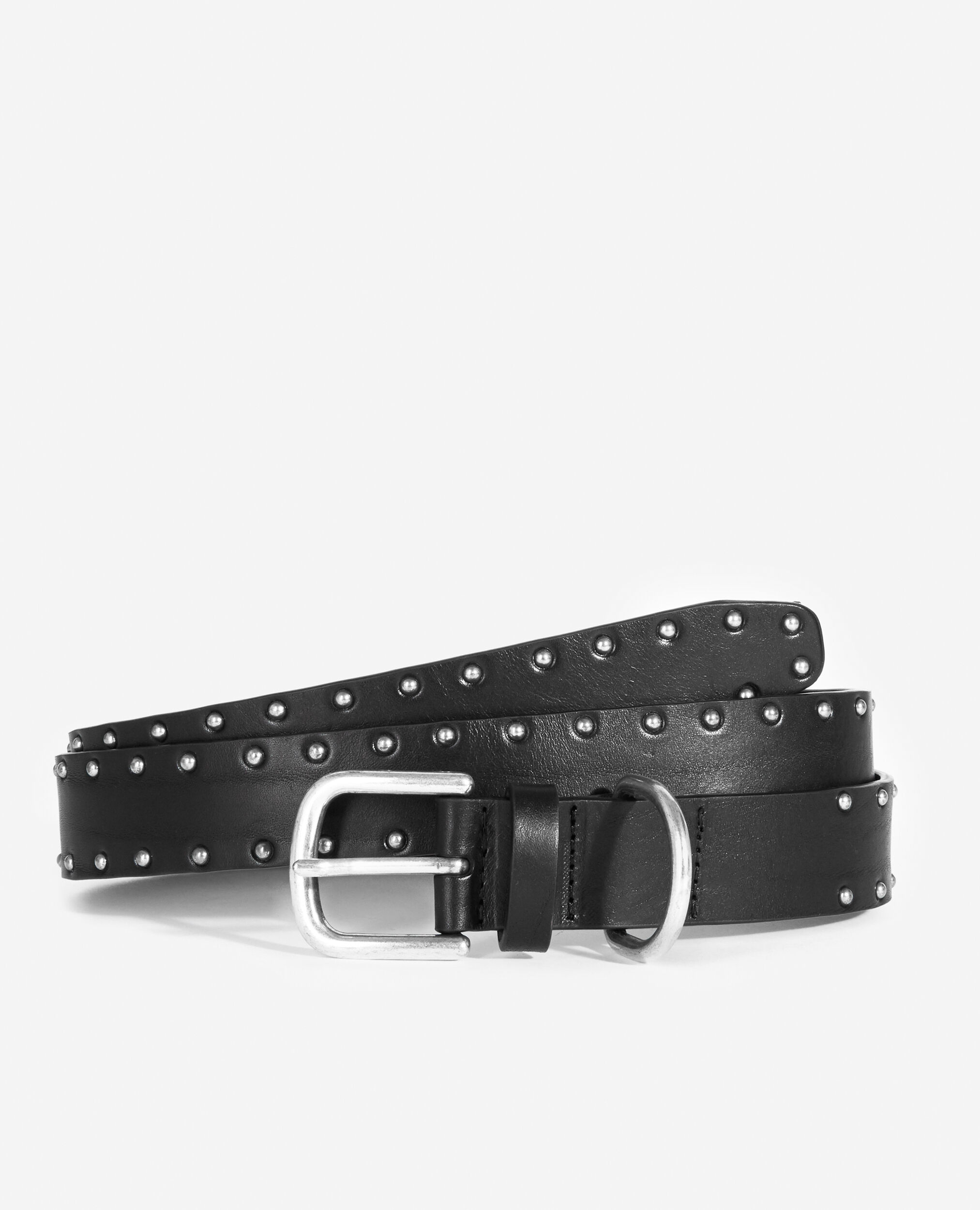 Skinny black leather belt with studs, BLACK, hi-res image number null