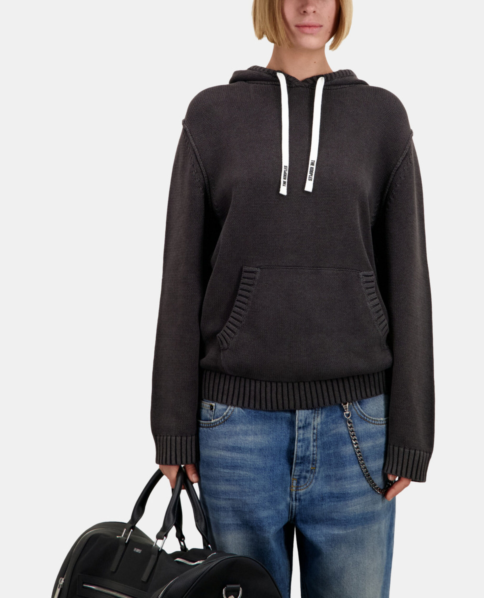Black cotton and wool hooded sweater, BLACK WASHED, hi-res image number null