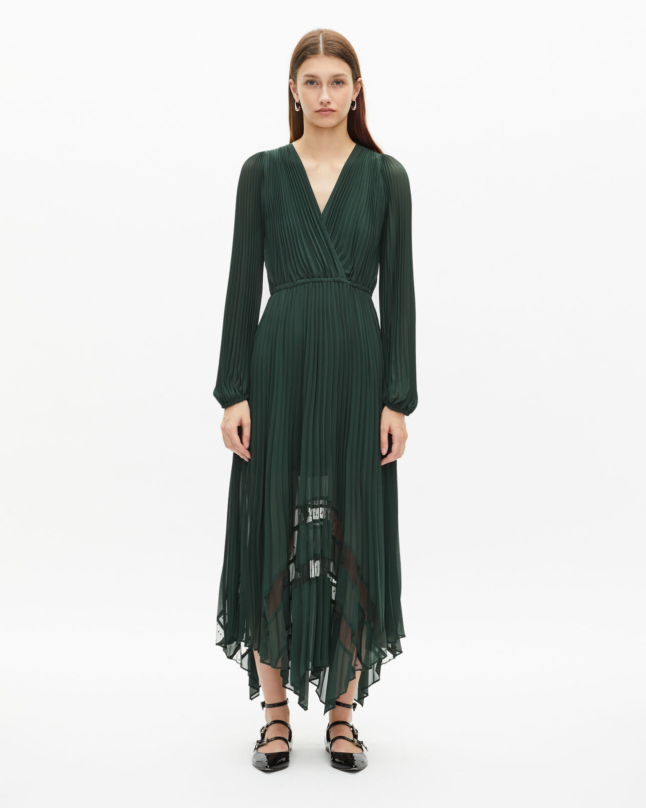 The Kooples WOMEN WOOD KAKI green pleated long dress