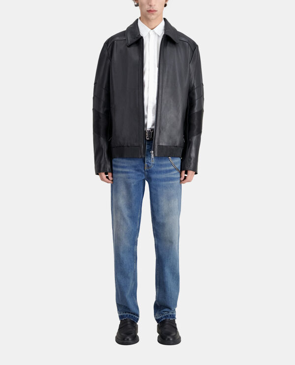blouson biker en cuir noir