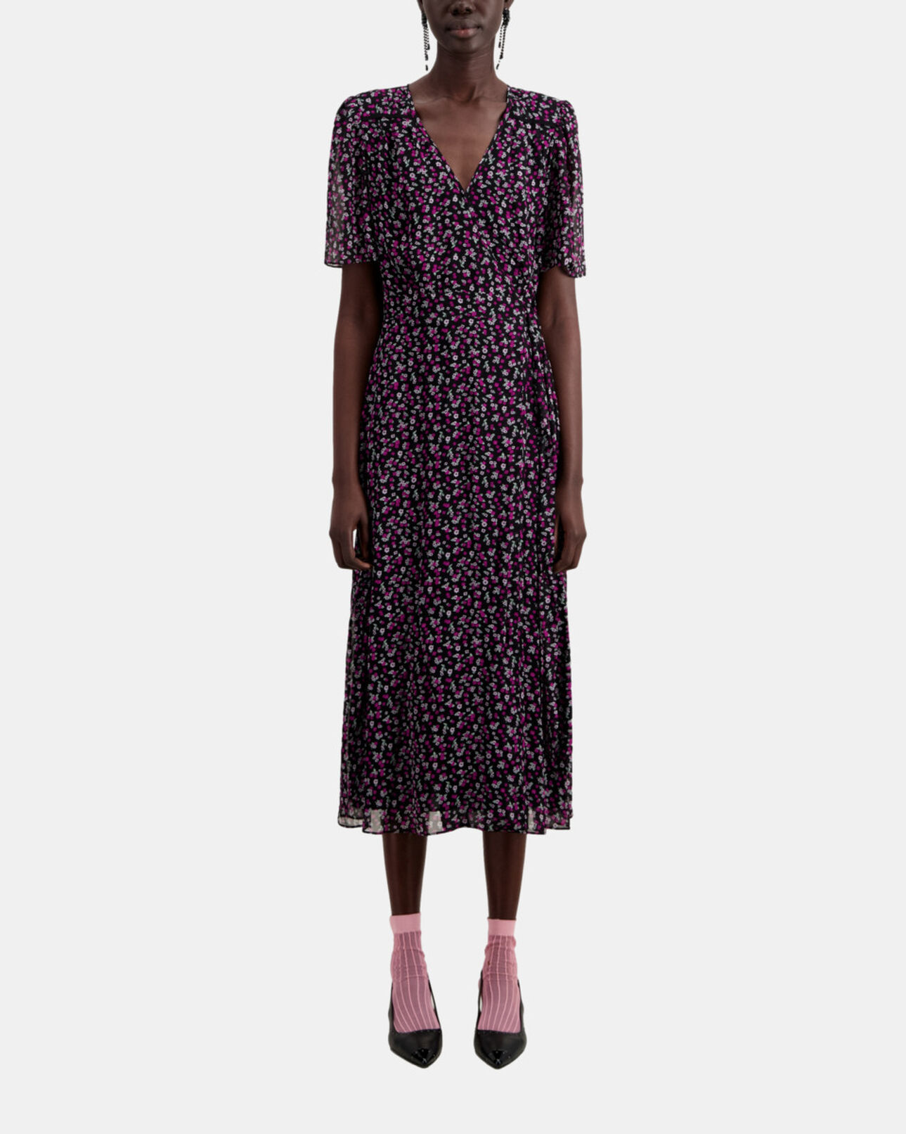 The Kooples DAMEN BLACK / PINK langes wickelkleid mit print