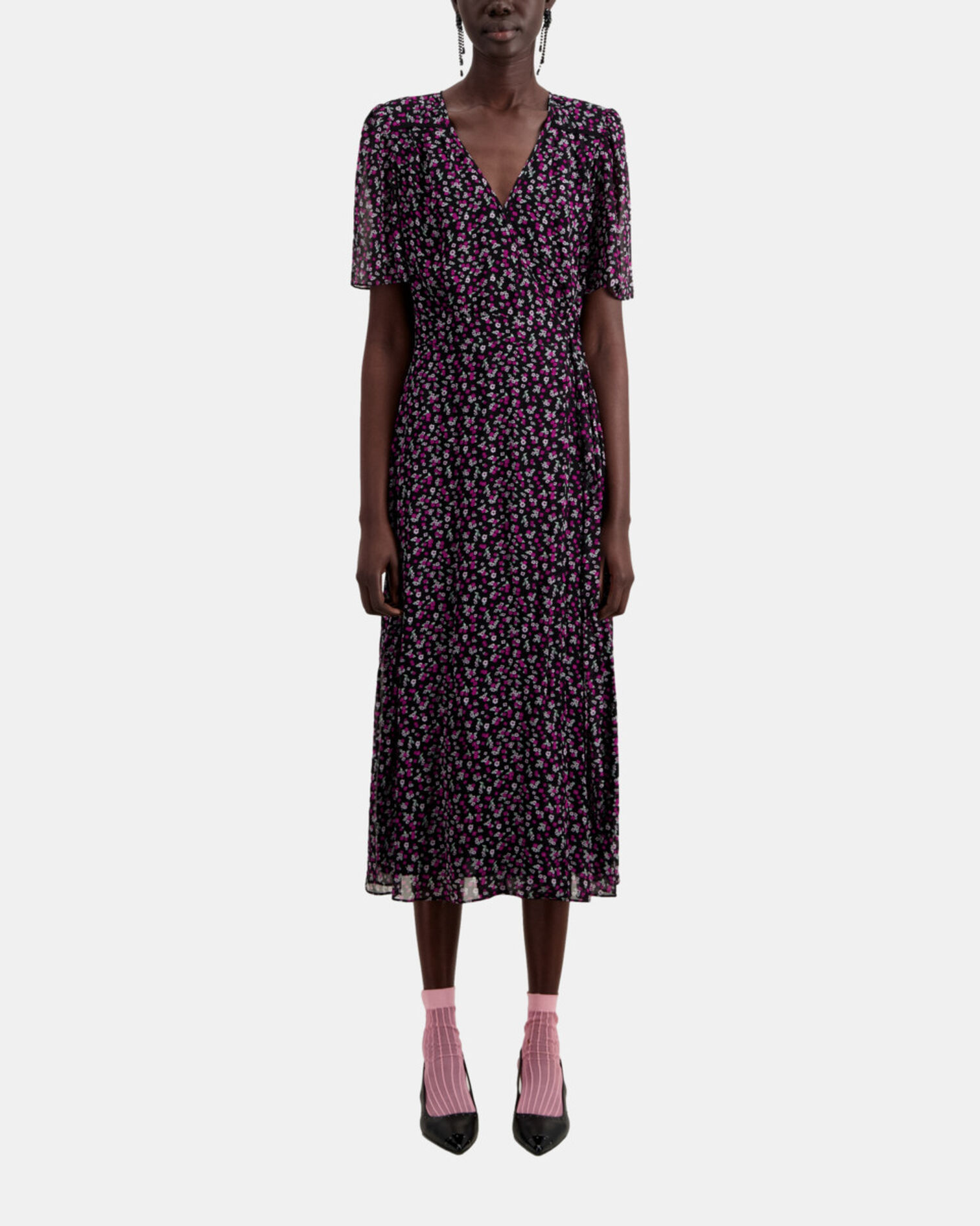Langes Wickelkleid mit Print, BLACK / PINK, hi-res image number null