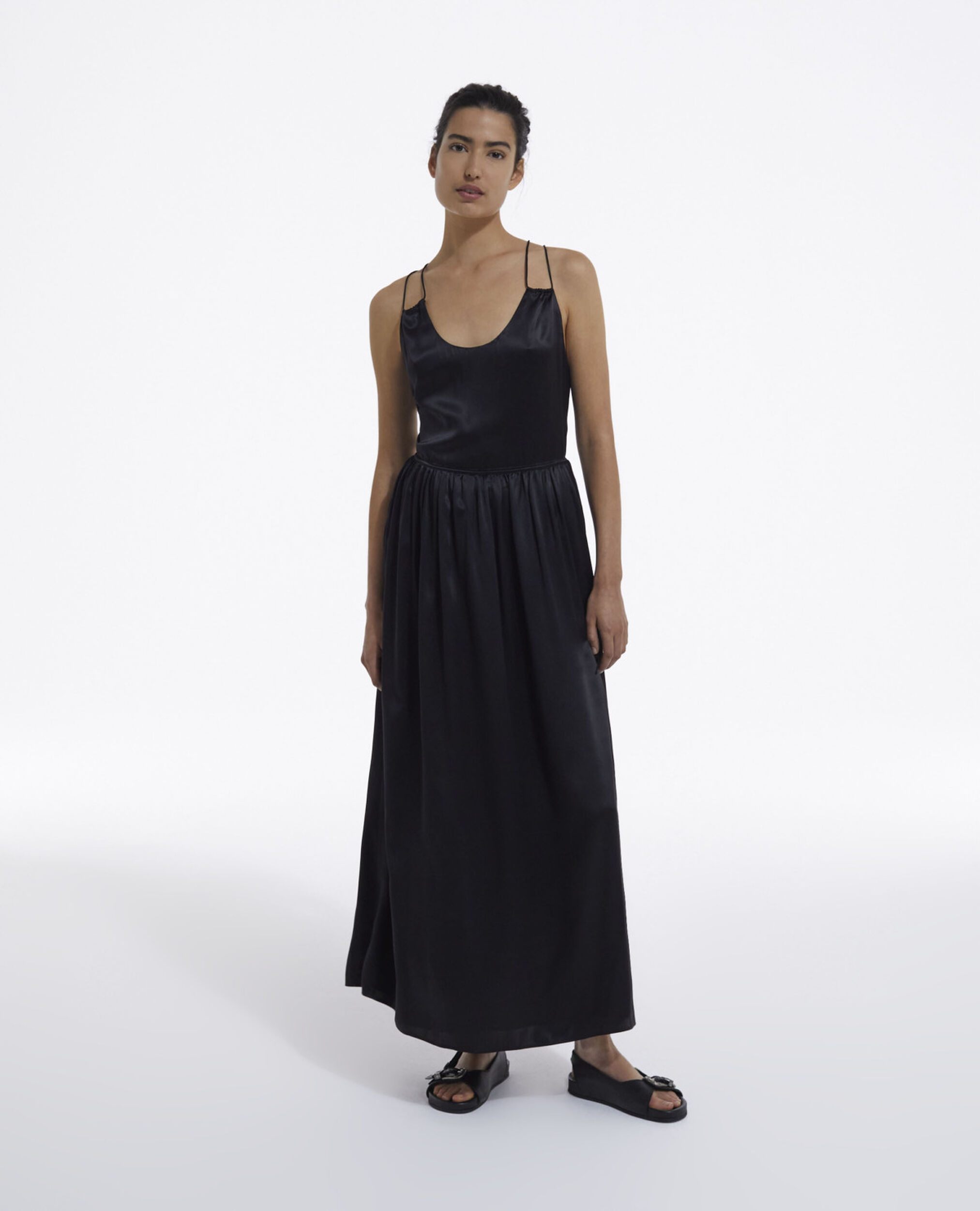 Long black silk dress with thin straps