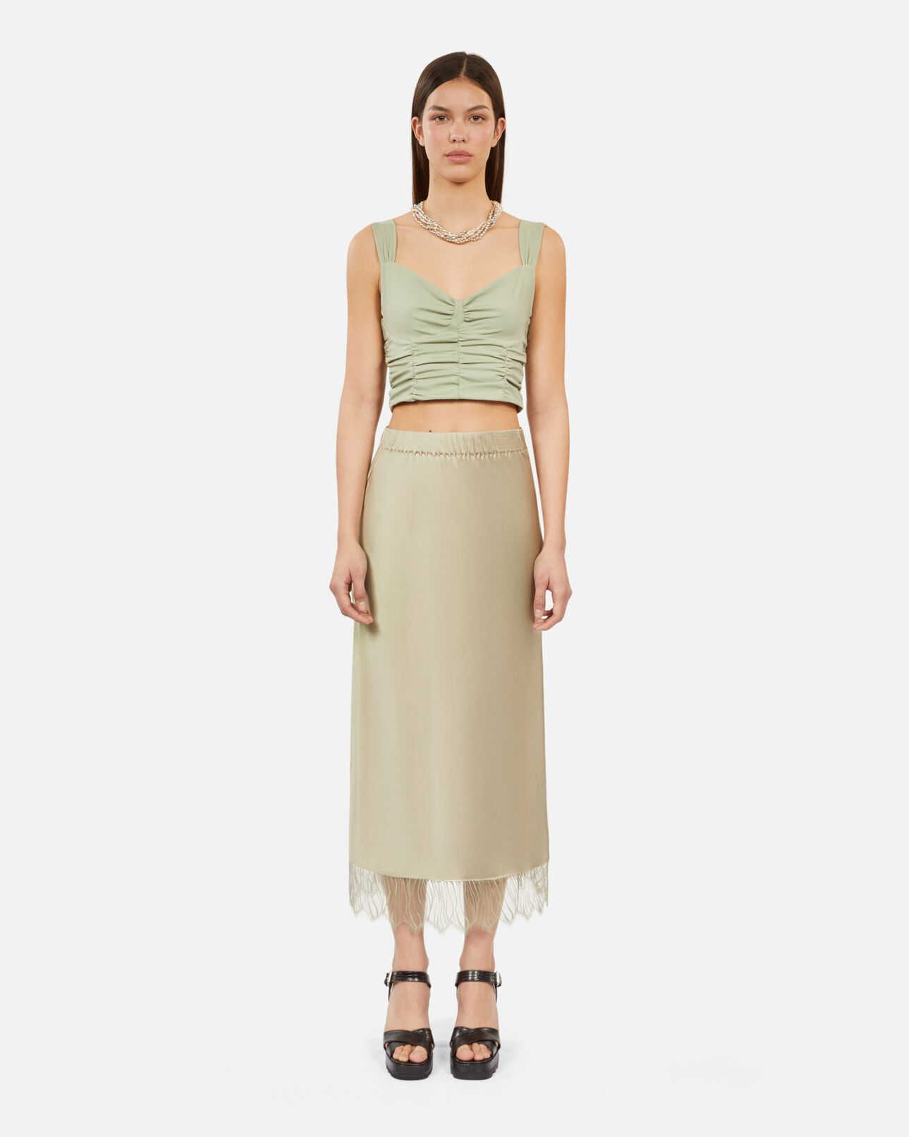 The Kooples WOMEN KAKI GREY long light green skirt with lace