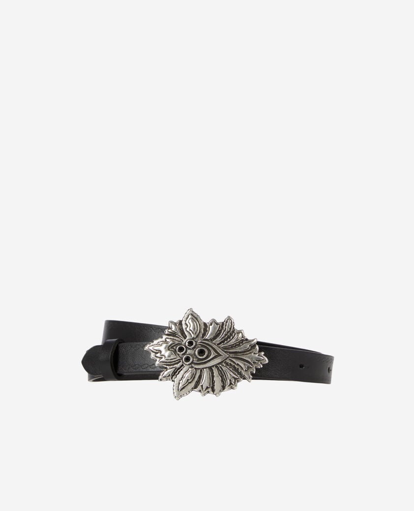 The Kooples FEMME BLACK ceinture fine en cuir noir avec boucle fleur