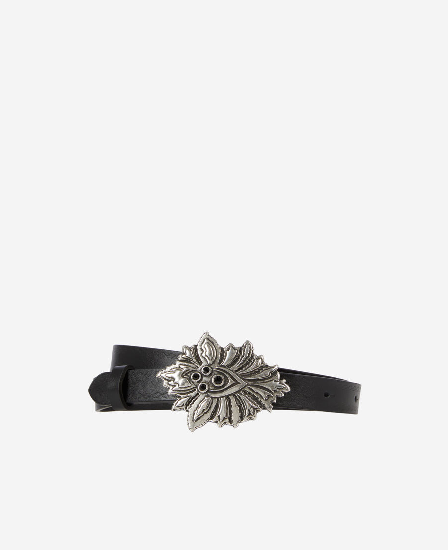 The Kooples FEMME BLACK ceinture fine en cuir noir avec boucle fleur