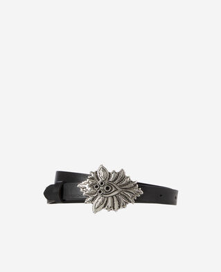The Kooples FEMME BLACK ceinture fine en cuir noir avec boucle fleur