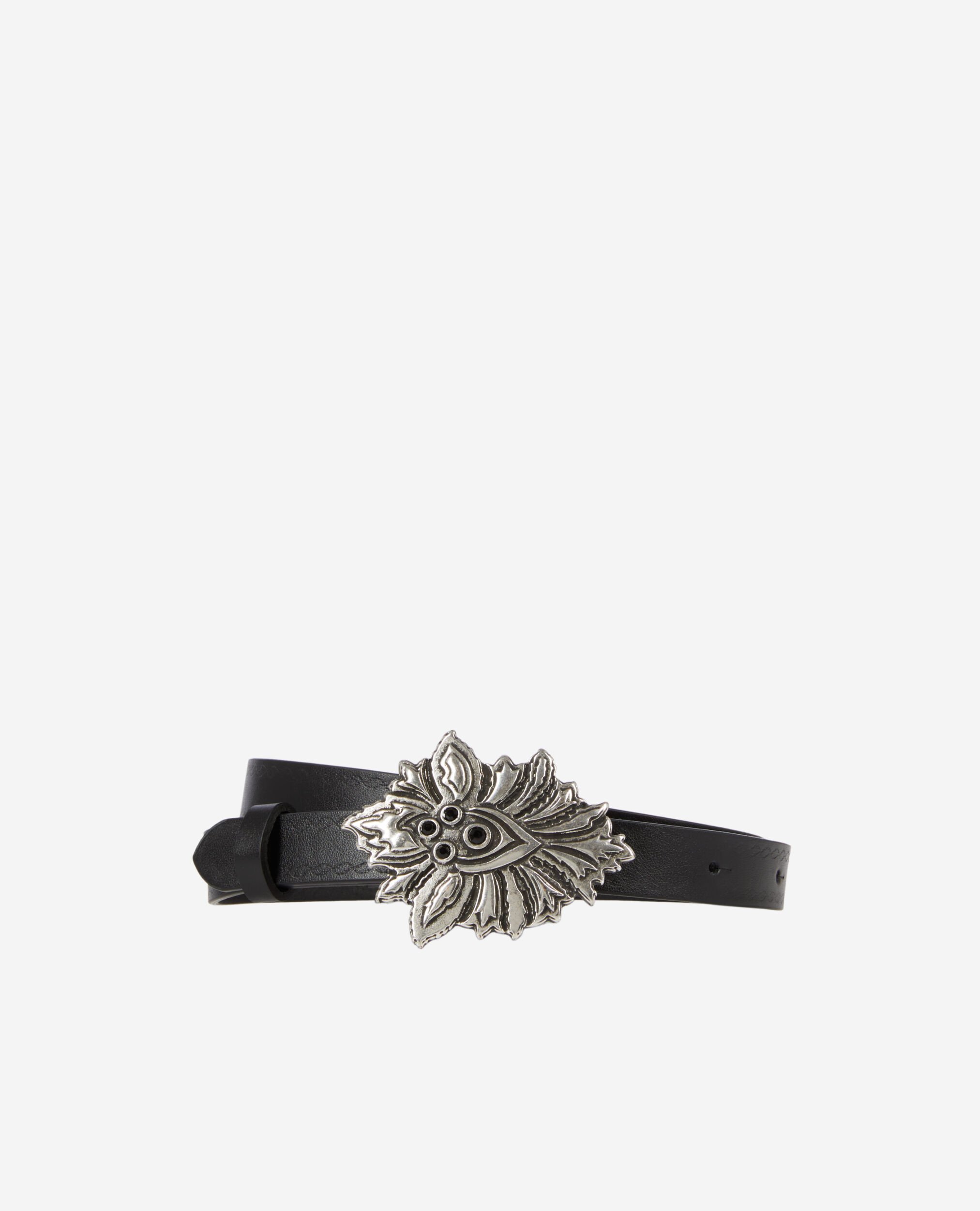 Ceinture fine en cuir noir avec boucle fleur, BLACK, hi-res image number null