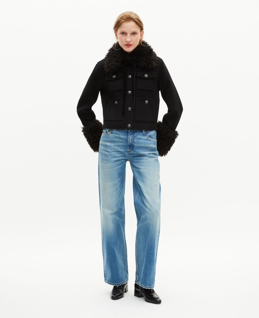 The Kooples F BLACK short black wool jacket with sherpa collar