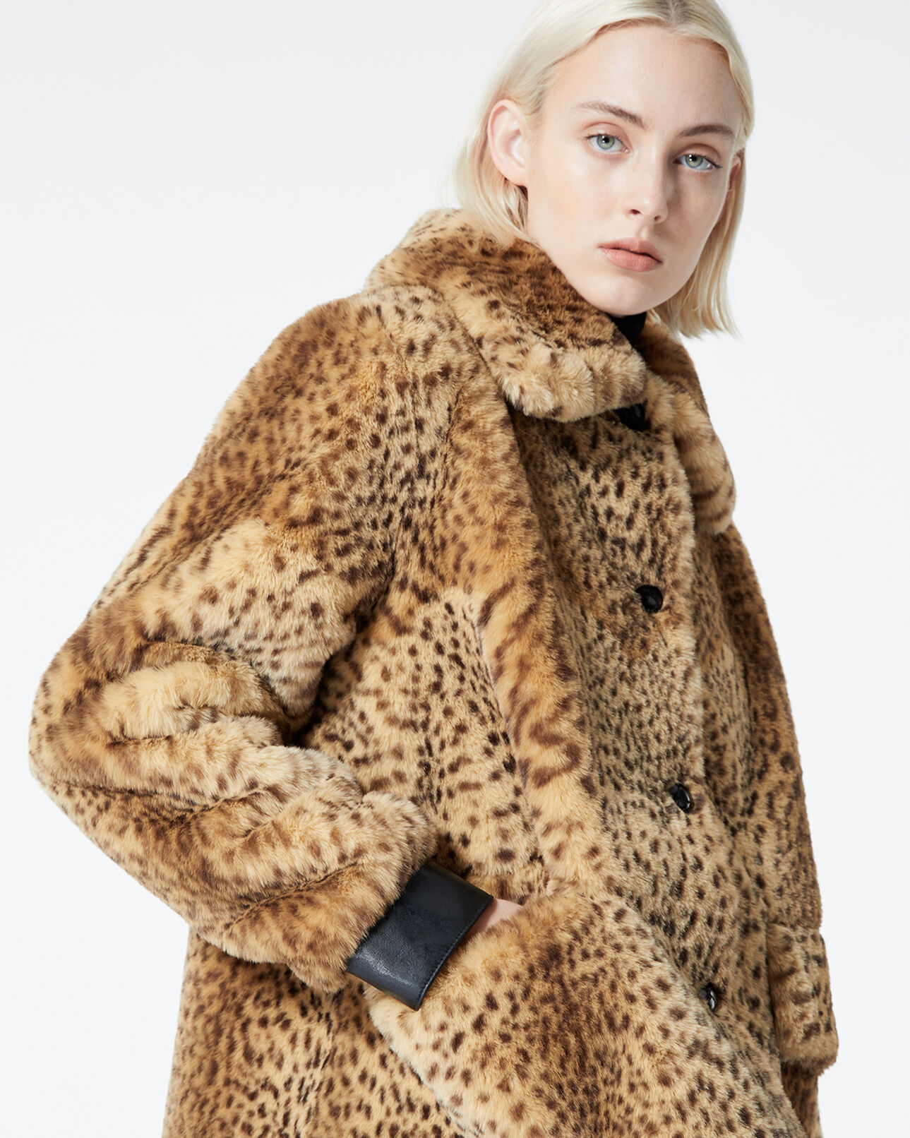 The Kooples WOMEN BROWN faux fur coat with leopard print