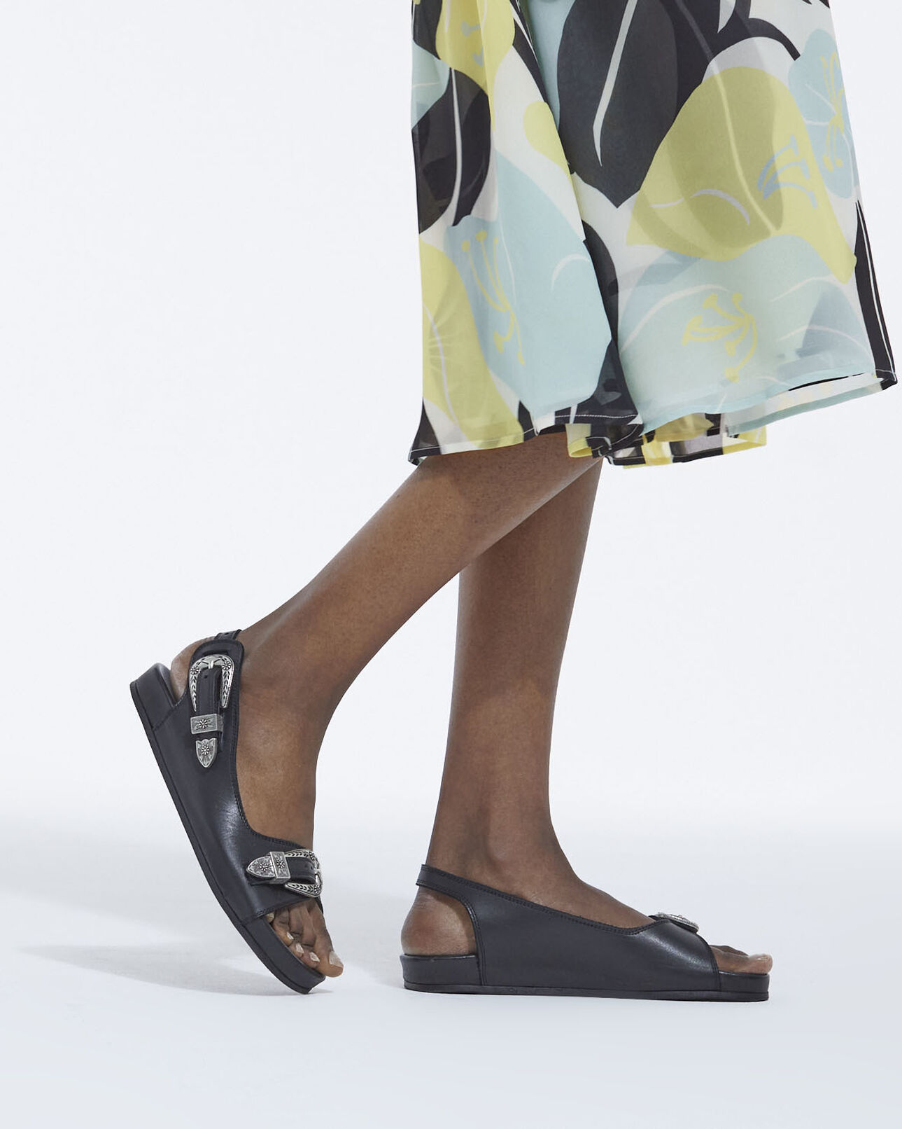 The Kooples WOMEN BLACK flat black leather sandals with western details
