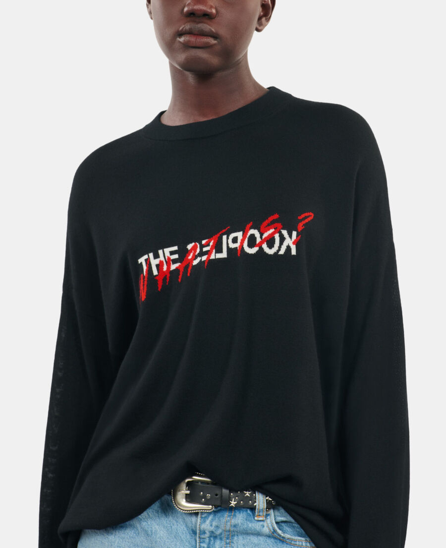 The Kooples DAMEN BLACK RED OFF WHITE schwarzer pullover &bdquo;what is&ldquo; aus wolle