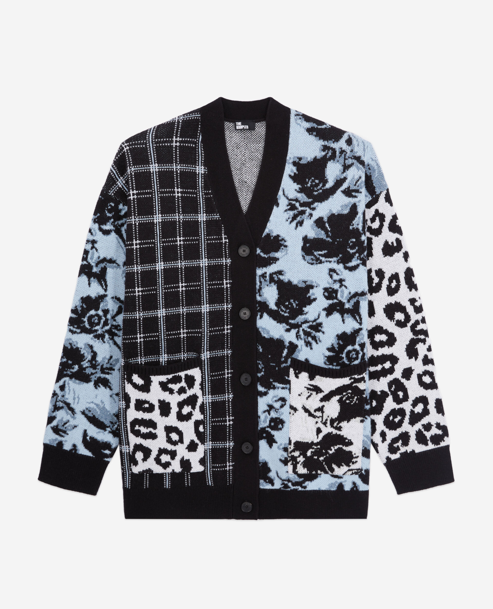 Wool-blend cardigan with patchwork, BLUE MELANGE / BLACK, hi-res image number null