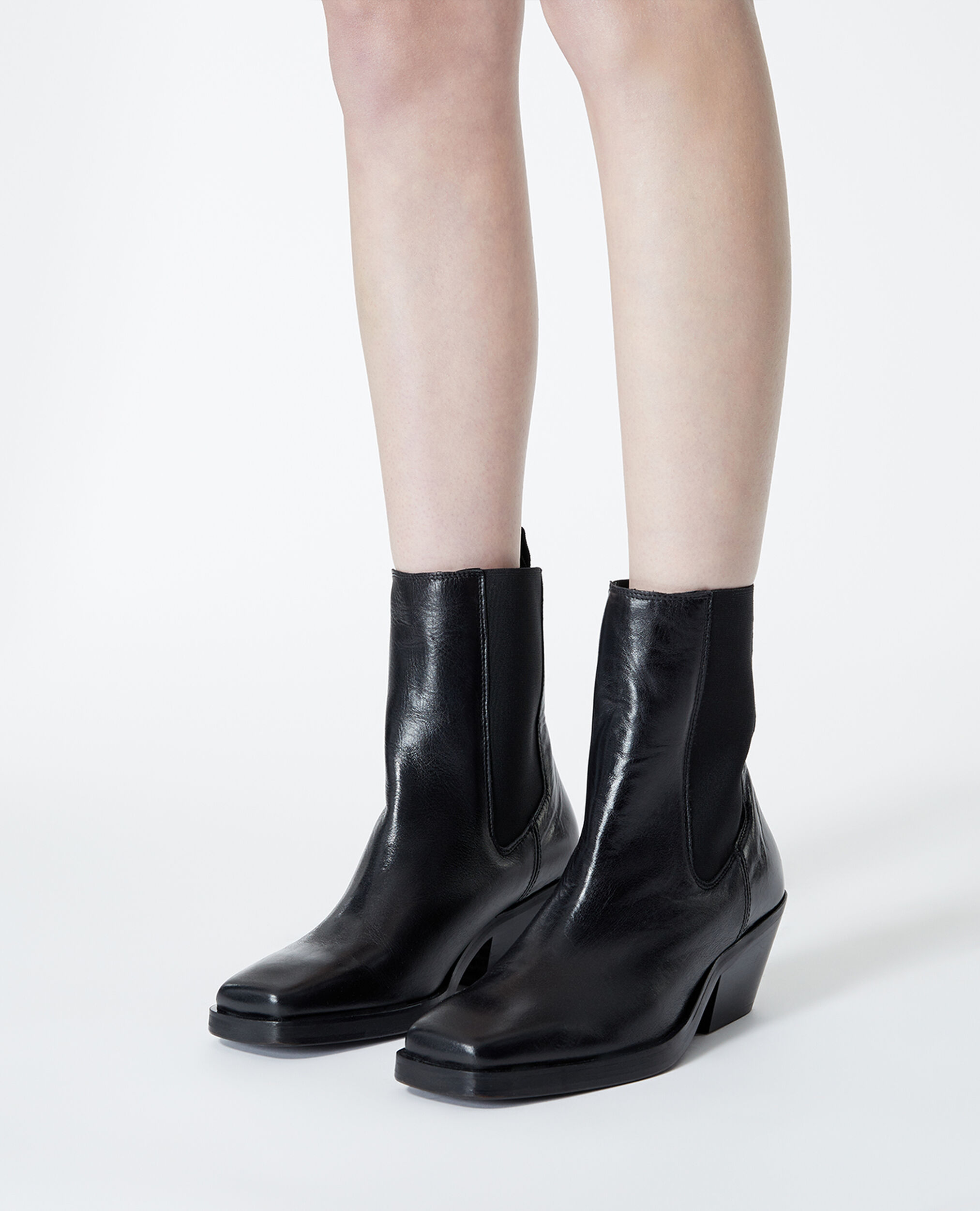 Black leather ankle boots with flat sole, BLACK, hi-res image number null
