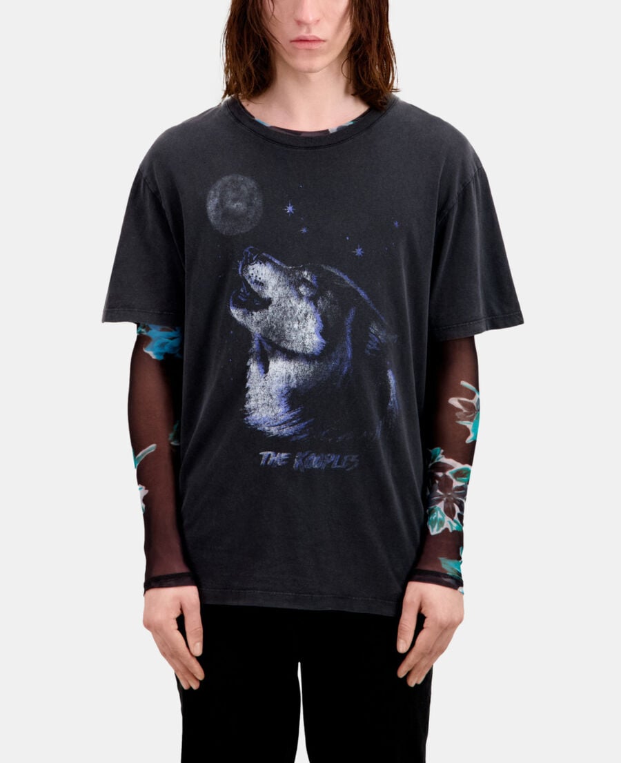 The Kooples H BLACK WASHED men's black t-shirt with wolf serigraphy