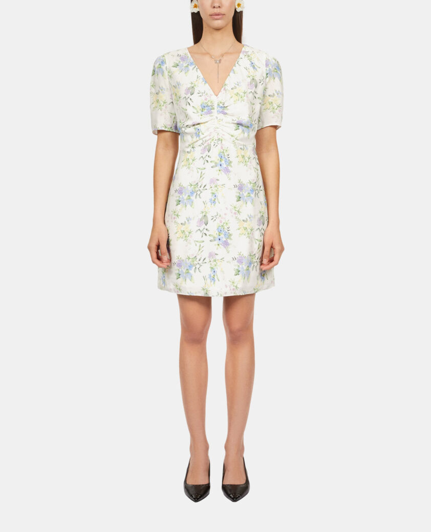 The Kooples WOMEN LIGHT BLUE/WHITE short printed dress with shirring