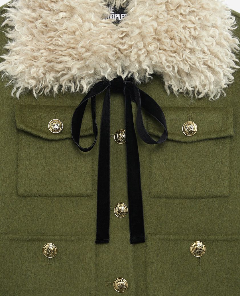 The Kooples WOMEN KAKI short wool jacket with khaki sherpa collar