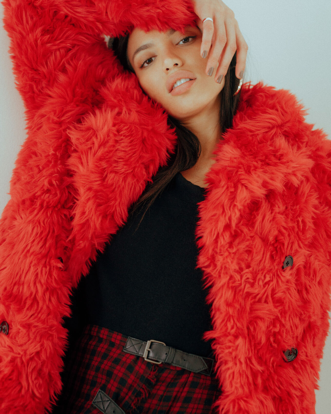 The Kooples WOMEN RED patterned red faux fur coat