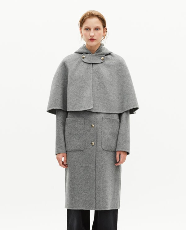 Manteau long en laine double face avec cape gris femme The Kooples
