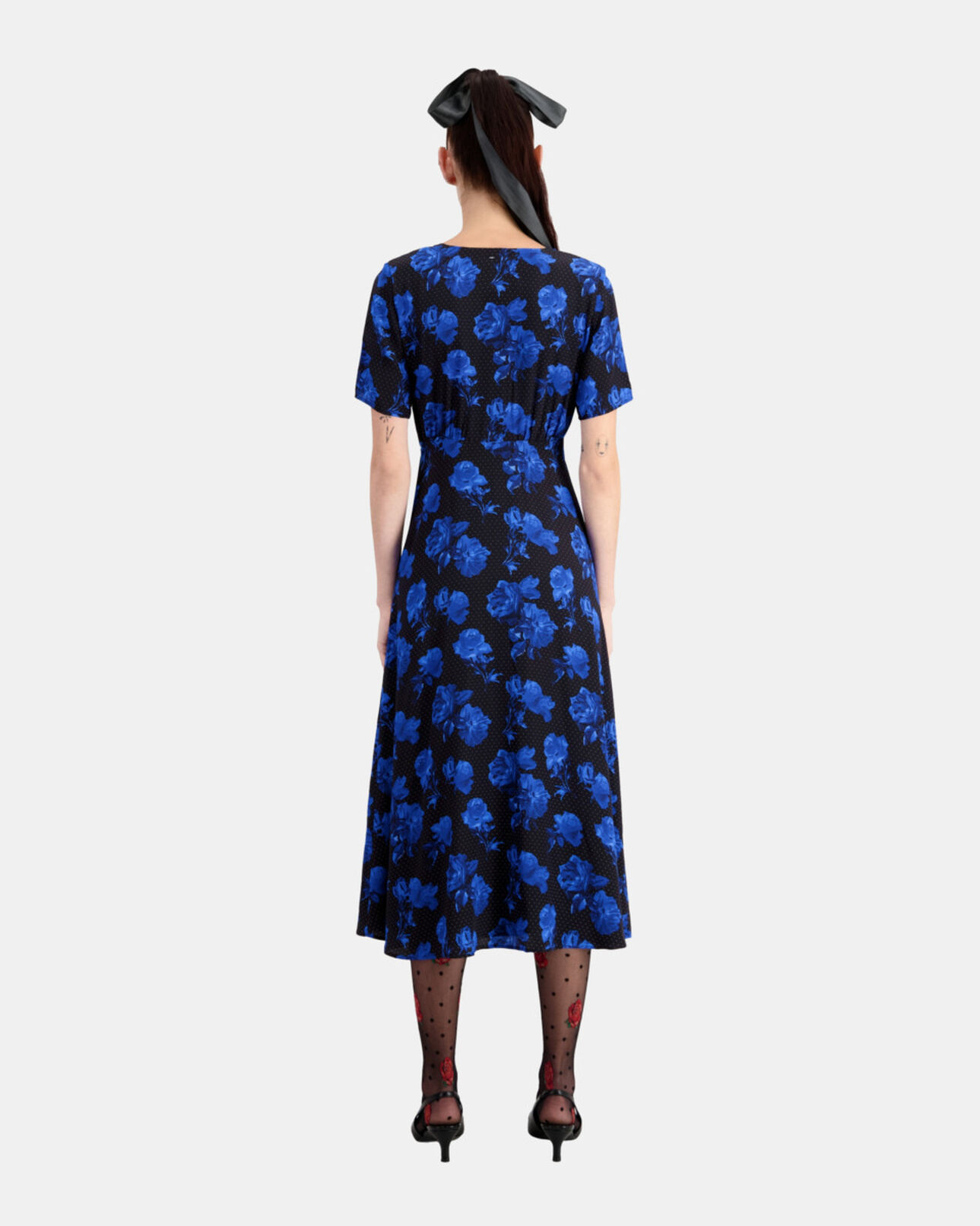 The Kooples WOMEN BLACK BLUE long printed silk dress with buttoning