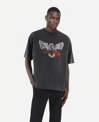 The Kooples MEN BLACK WASHED black screen-printed t-shirt