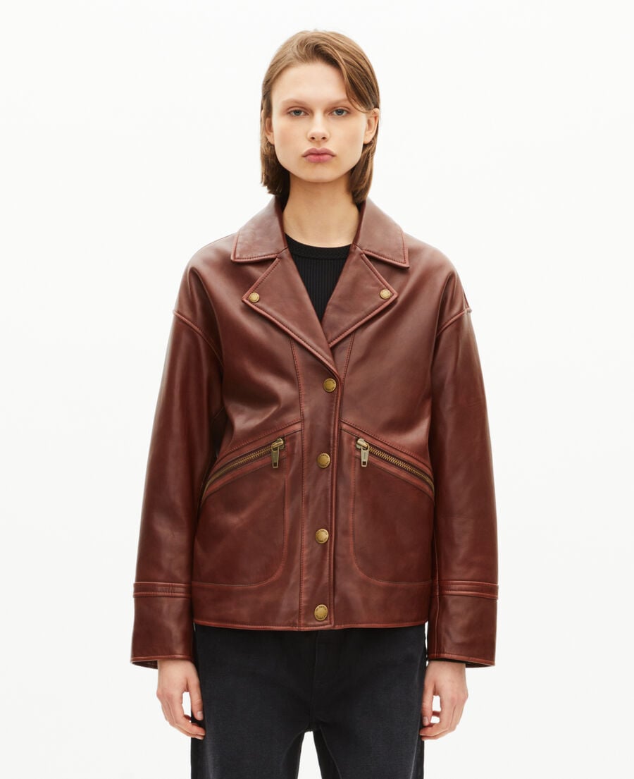 The Kooples FEMME BROWN blouson coupe large en cuir marron