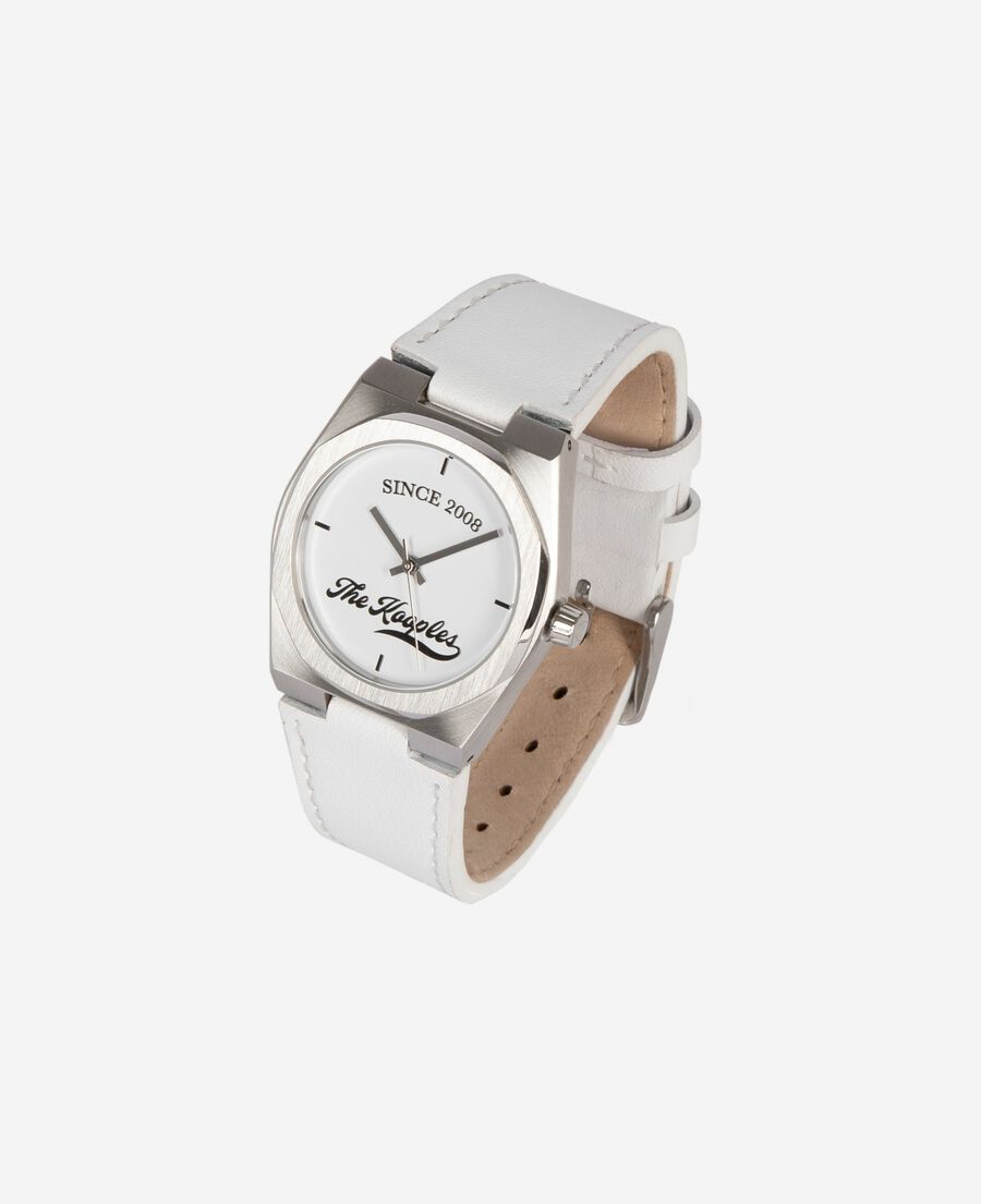 The Kooples MIXED SILVER watch with logo and white leather strap