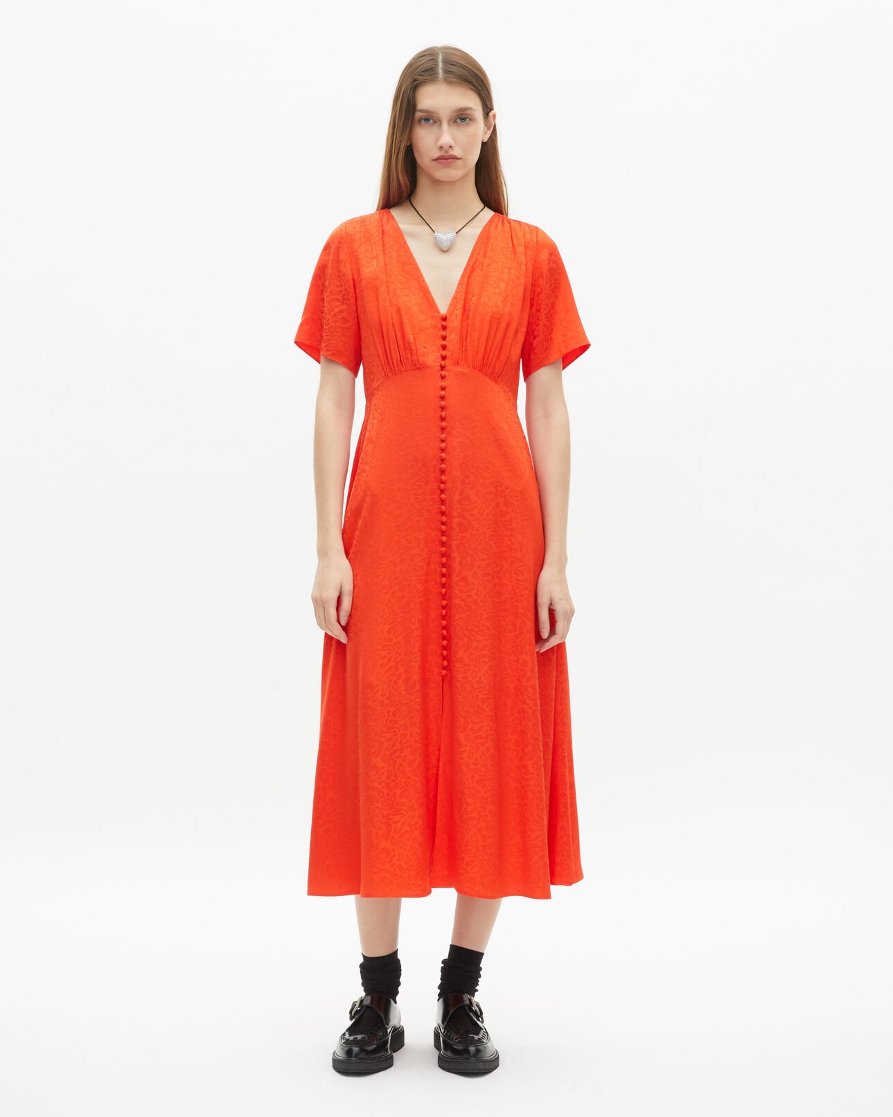 The Kooples FEMME ORANGE RED robe longue léopard en jacquard orange