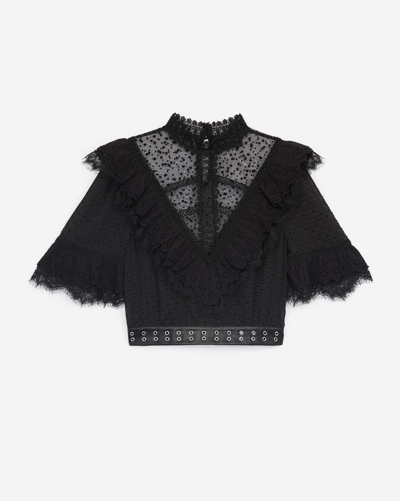 The Kooples MUJER BLACK top negro encaje plumeti cinturón piel