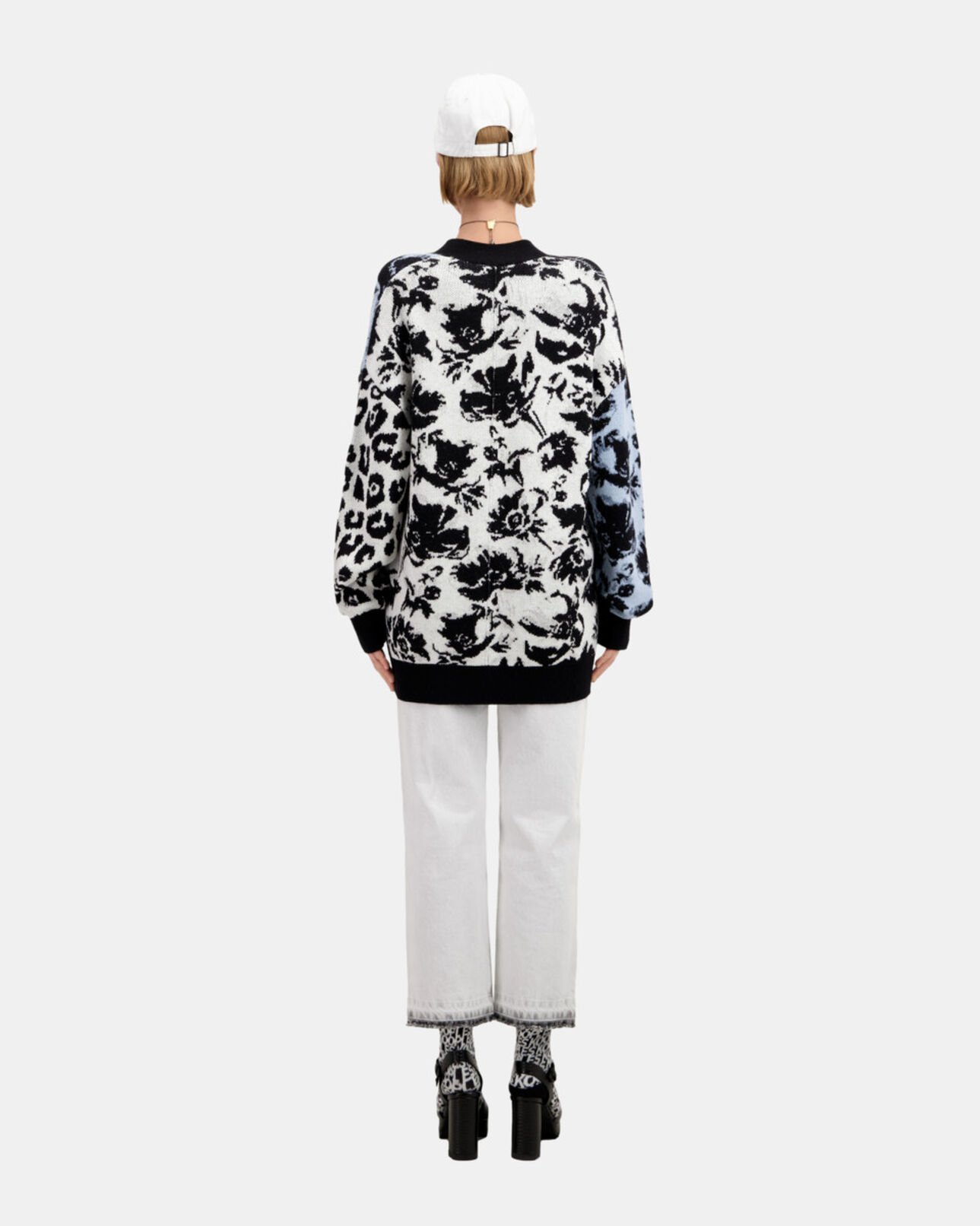 The Kooples FEMME BLUE MELANGE / BLACK cardigan avec patchwork en laine mélangée