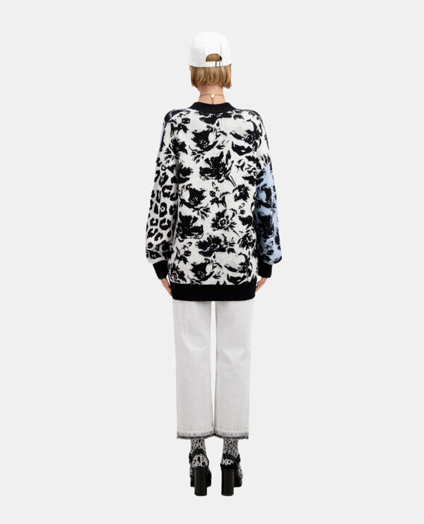 The Kooples FEMME BLUE MELANGE / BLACK cardigan avec patchwork en laine mélangée