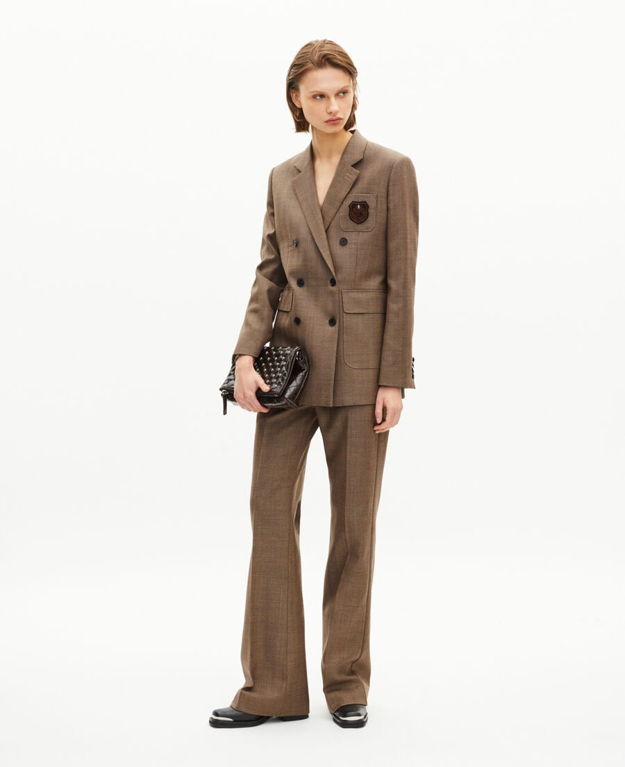 The Kooples WOMEN CAMEL double-breasted wool suit jacket with camel coat of arms