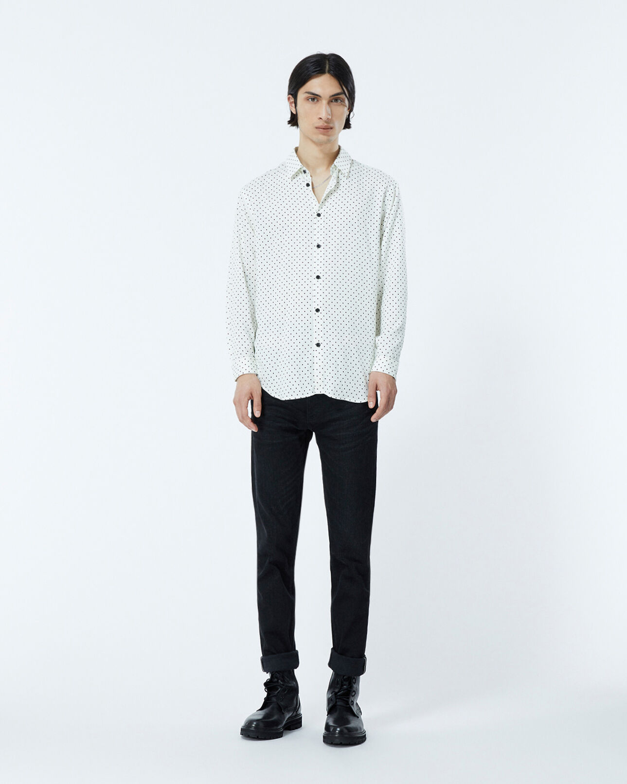 The Kooples MEN ECRU BLACK slim-fit ecru shirt with black polka dots