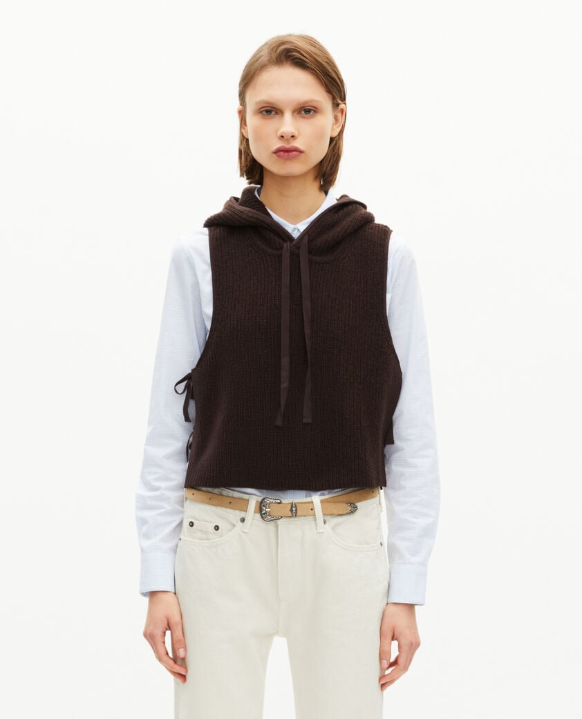 The Kooples FEMME CHOCOLATE pull sans manches en laine et coton marron