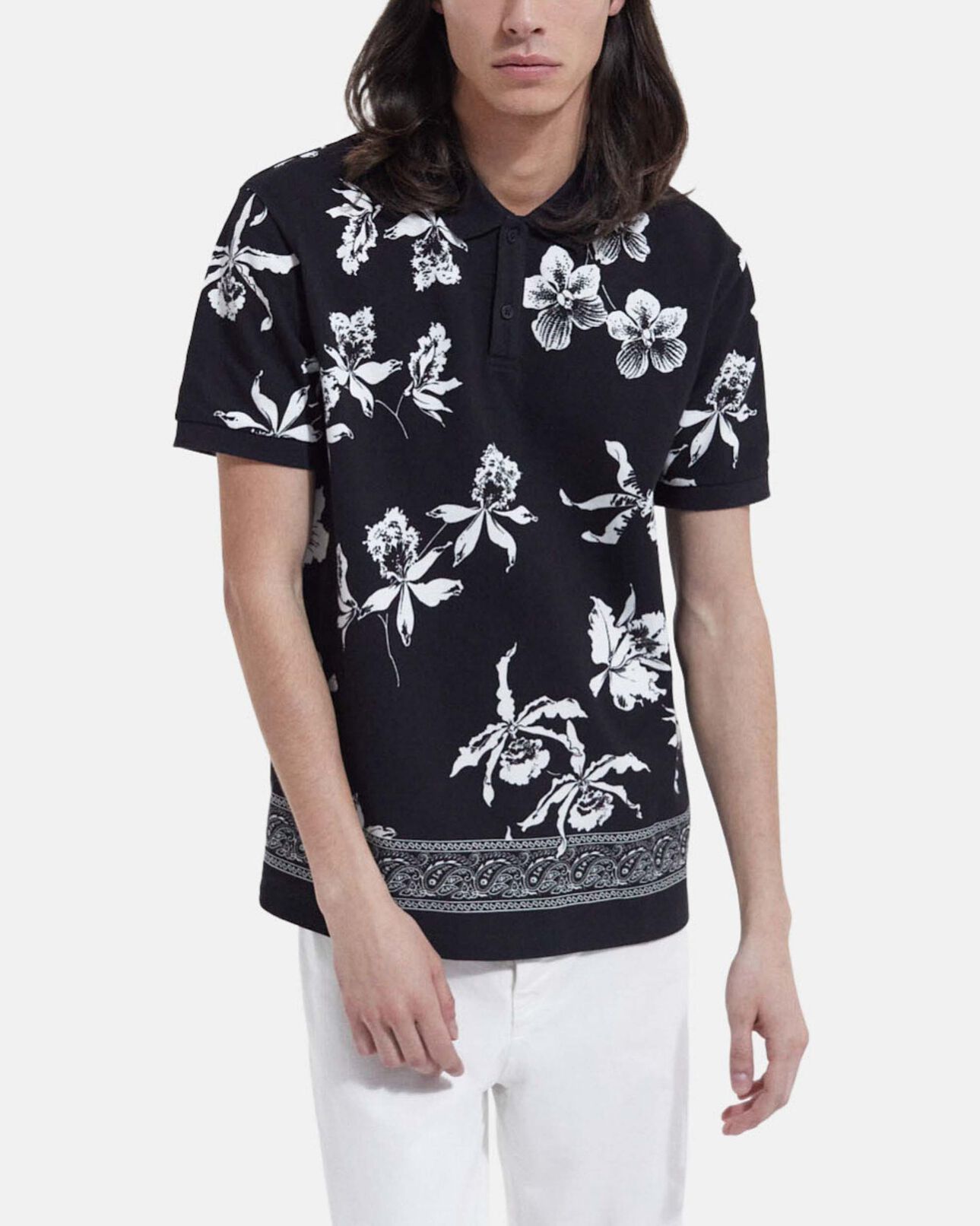 The Kooples MEN BLACK-ECRU casual black and white polo with floral print