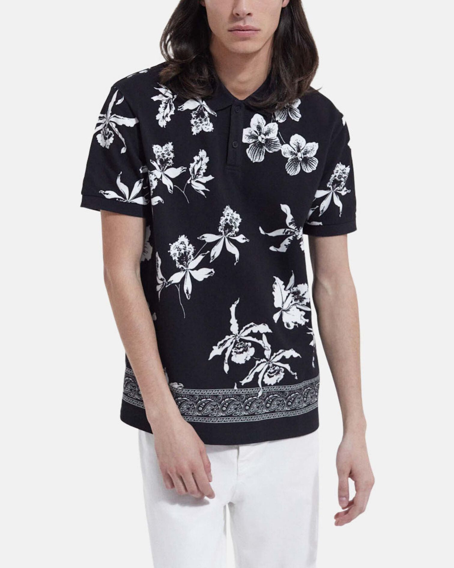 Casual black and white polo with floral print, BLACK-ECRU, hi-res image number null
