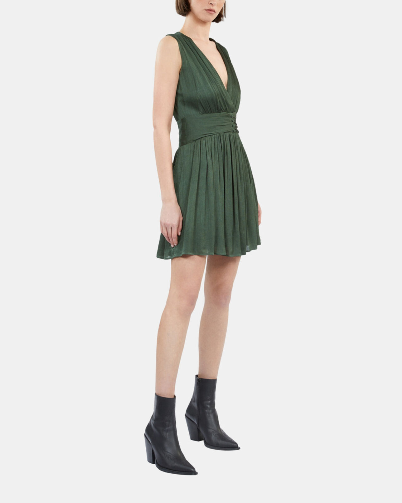 The Kooples WOMEN WOOD KAKI short green crinkle fabric dress