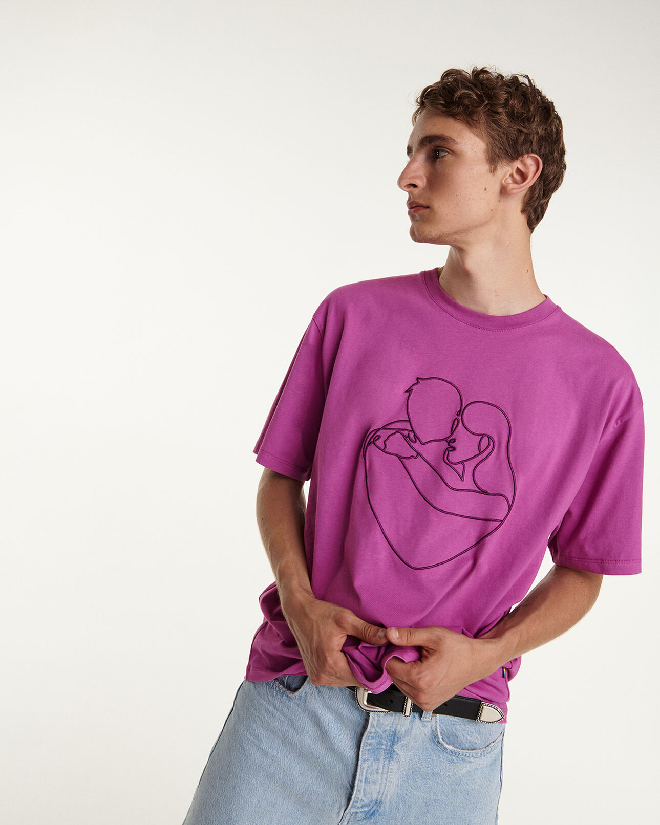 The Kooples HOMME PURPLE t-shirt rose coton brodé ton sur ton