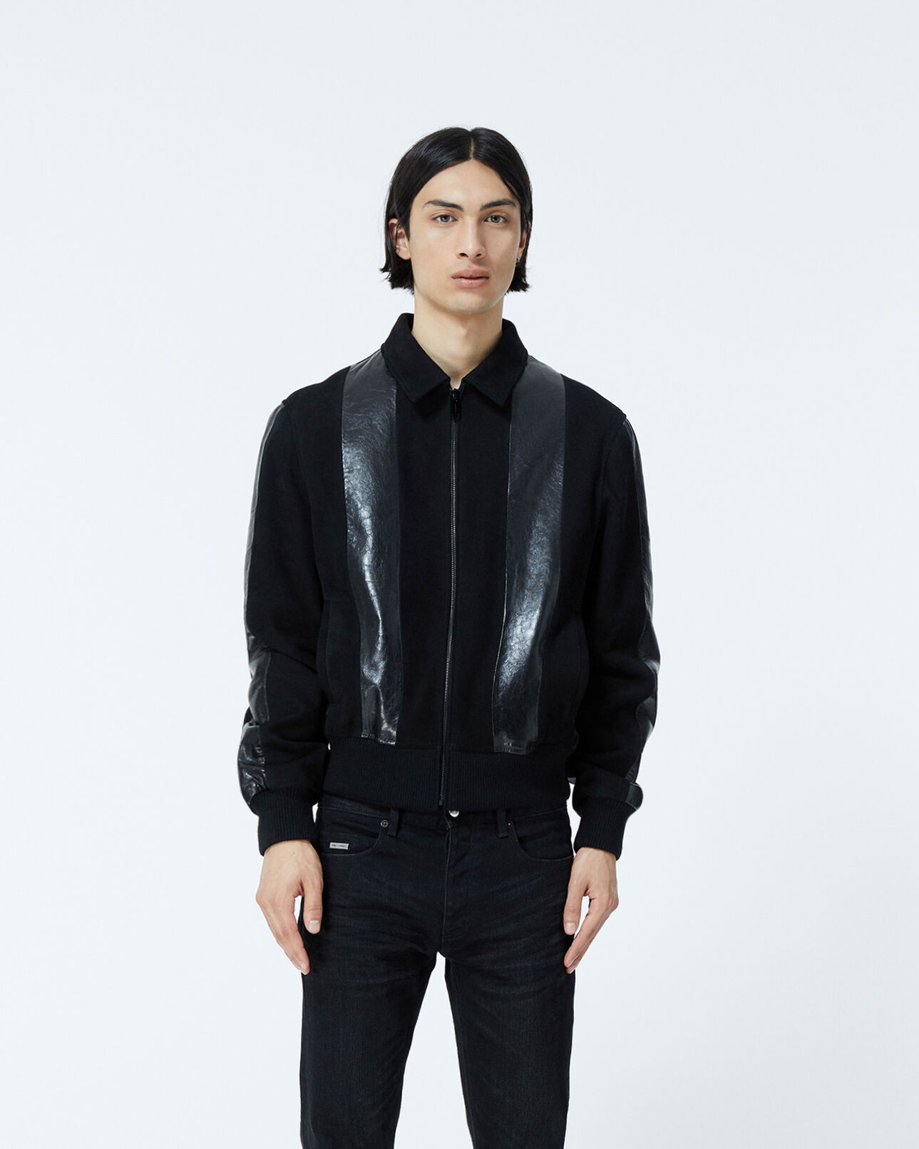 The Kooples MEN BLACK black leather jacket with contrasting stripes
