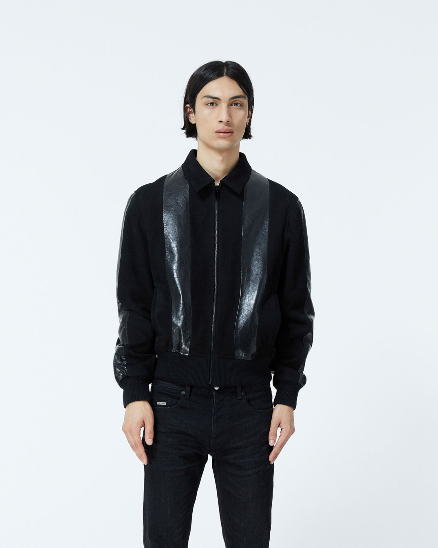 Black leather jacket with contrasting stripes, BLACK, hi-res image number null