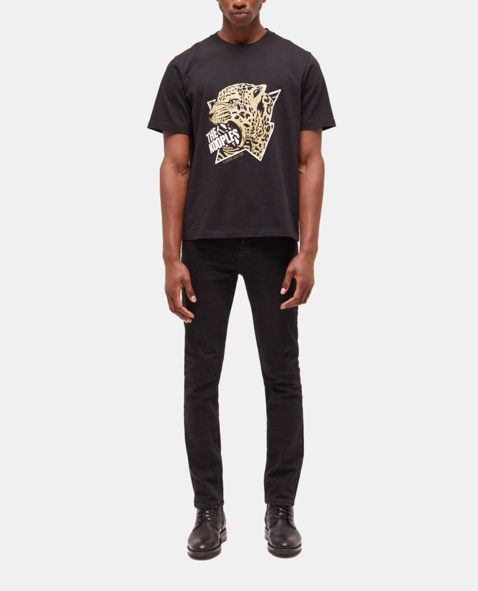 Black screen print T-shirt, BLACK-ANTIC GOLD, hi-res image number null