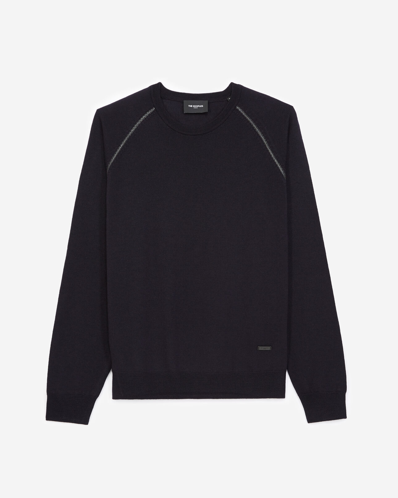 The Kooples HOMME DARK NAVY pull laine bleu marine à détail cuir